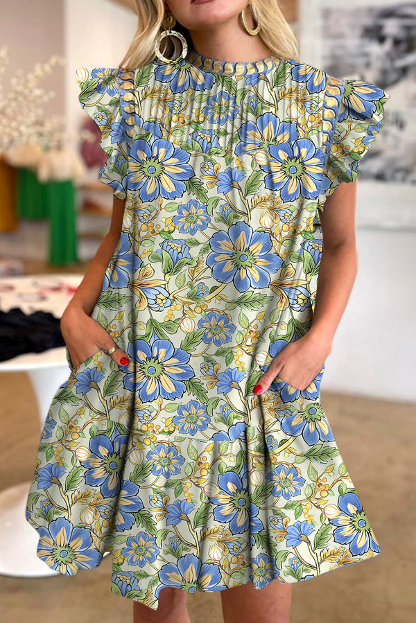 Spinach Green Botanical Floral Print Ruffle Pleated Mini Dress