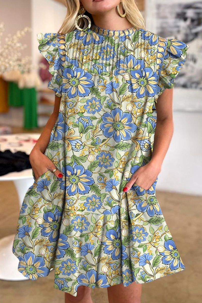 Spinach Green Botanical Floral Print Ruffle Pleated Mini Dress