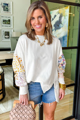 White Floral Dotted Print Patchwork Sleeve High Low Sweatshirt