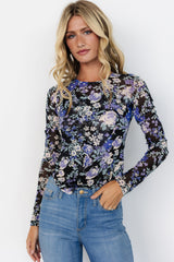Green Floral Print Mesh Long Sleeve Top