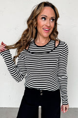 Black Striped Cutout Long Sleeve Top
