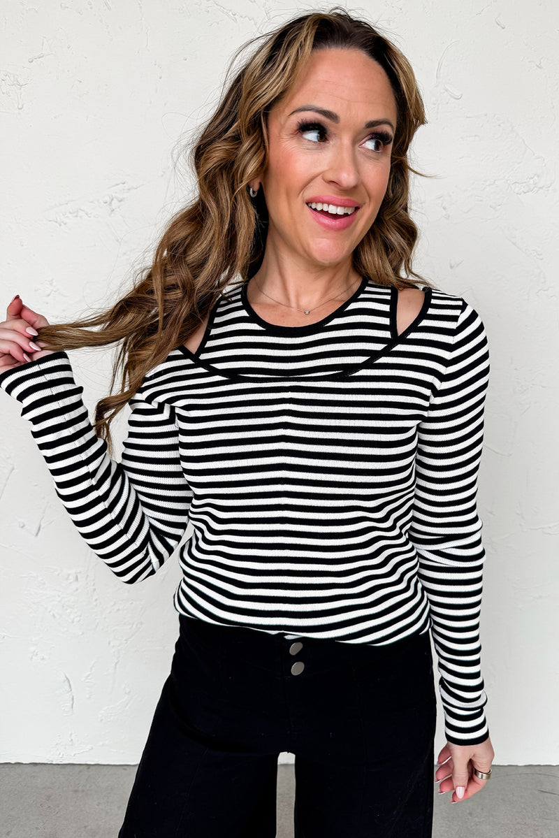 Black Striped Cutout Long Sleeve Top