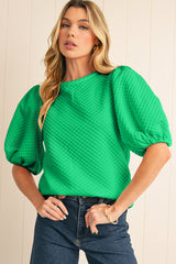 Phalaenopsis Solid Textured O Neck Puff Sleeve Blouse