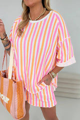 Pink Stripe Drop Shoulder Half Sleeve Loose Tee and Shorts Casual Set