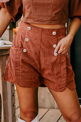 Clay Button Decor Scalloped Edge High Waist Corduroy Shorts