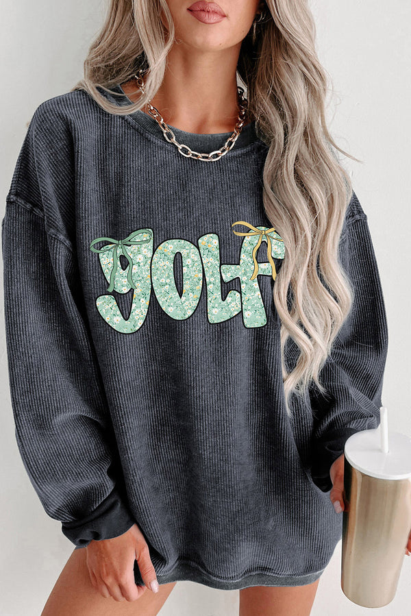 Gray Twisted Ribbed Floral GOLF Letter Bow Sweatshirt