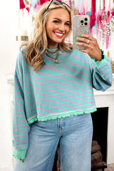 Green Stripe Exposed Seam Contrast Ribbed Trim Oversize Sweatshirt