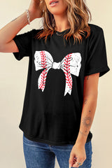 Rose Red Casual Baseball Bowknot Graphic Tee