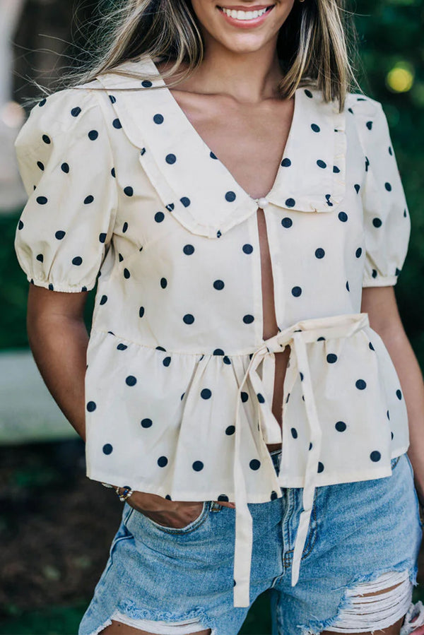 White Polka Dot Peter Pan Collar Bow Front Blouse