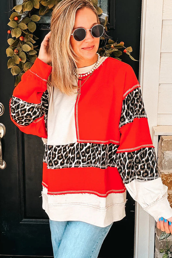 Fiery Red Leopard Colorblock Patchwork Round Neck Sweatshirt