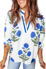 Casual Wild Flower Print V Neck 3/4 Sleeve Blouse