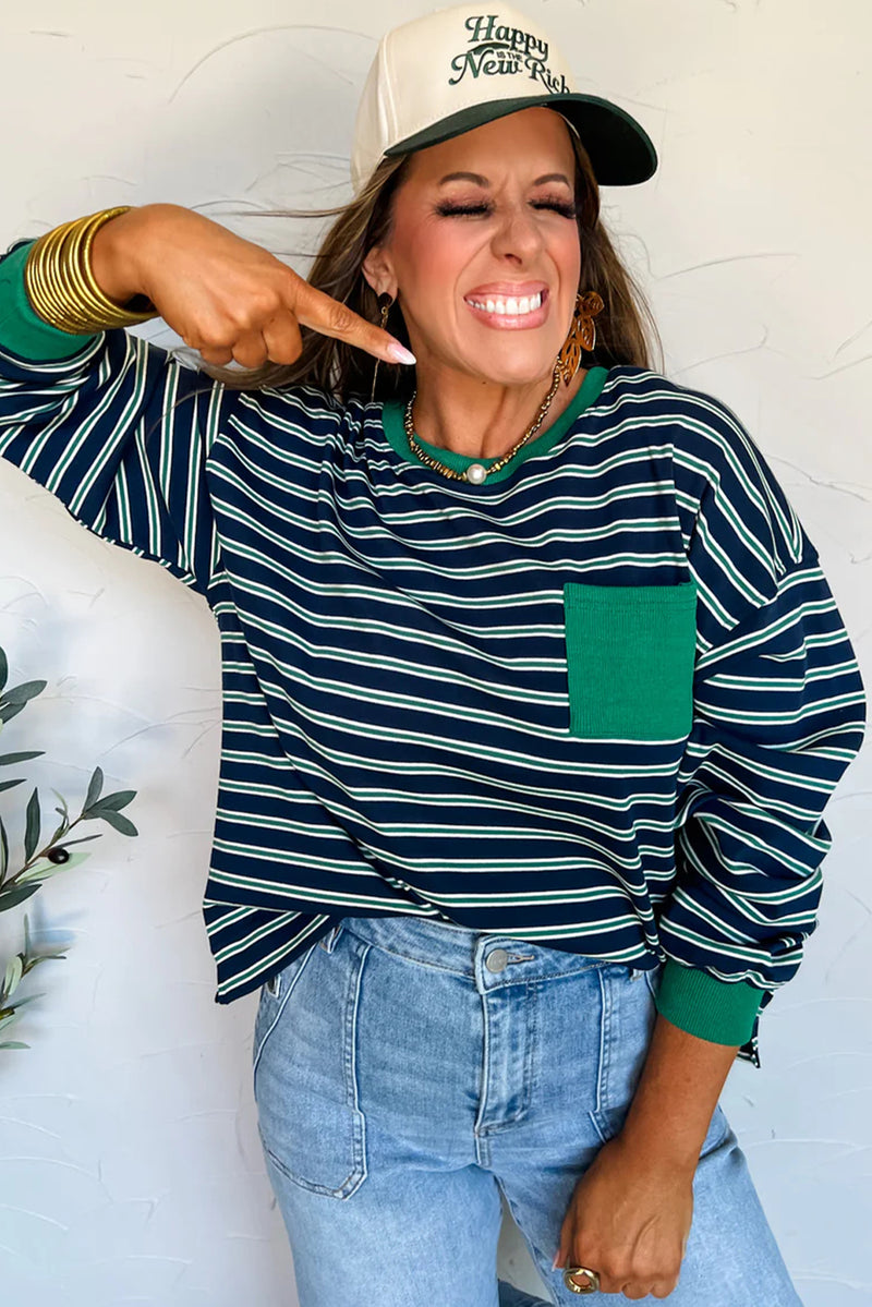 Green Stripe Ribbed Color Block Patchwork Crew Neck Patch Pocket Long Sleeve Top