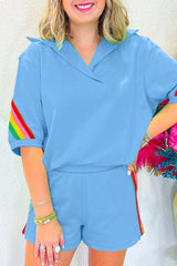 Sky Blue Rainbow Striped Collared Short Sleeve Top and Shorts Set