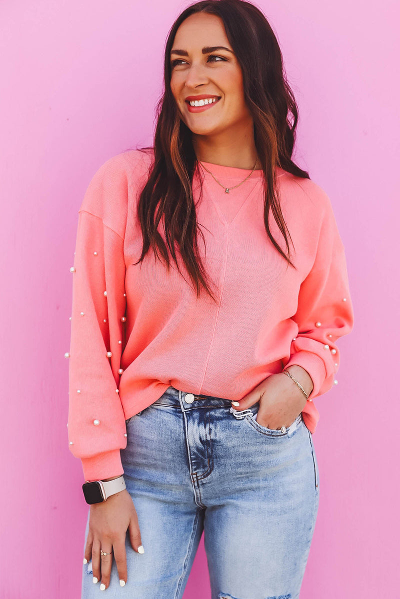 Blossom Pearl Sleeves Ribbed Pullover Sweatshirt