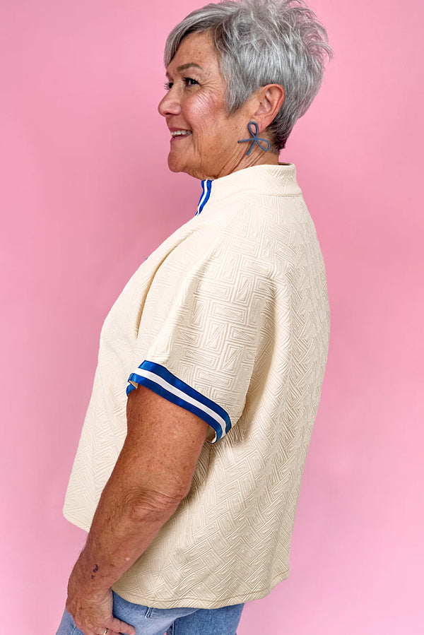 White Zip Collar Textured Plus Size Top