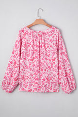 Pink Floral Puff Sleeve Split Neck Blouse