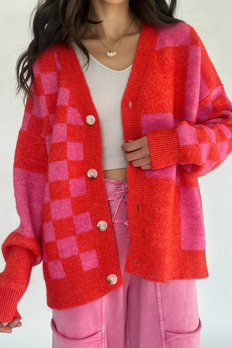 Fiery Red Colorblock Plaid Button Knit Cardigan