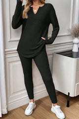 Racing Red Ribbed Notched Neck Knit Long Sleeve Leggings Two Pieces Lounge Set