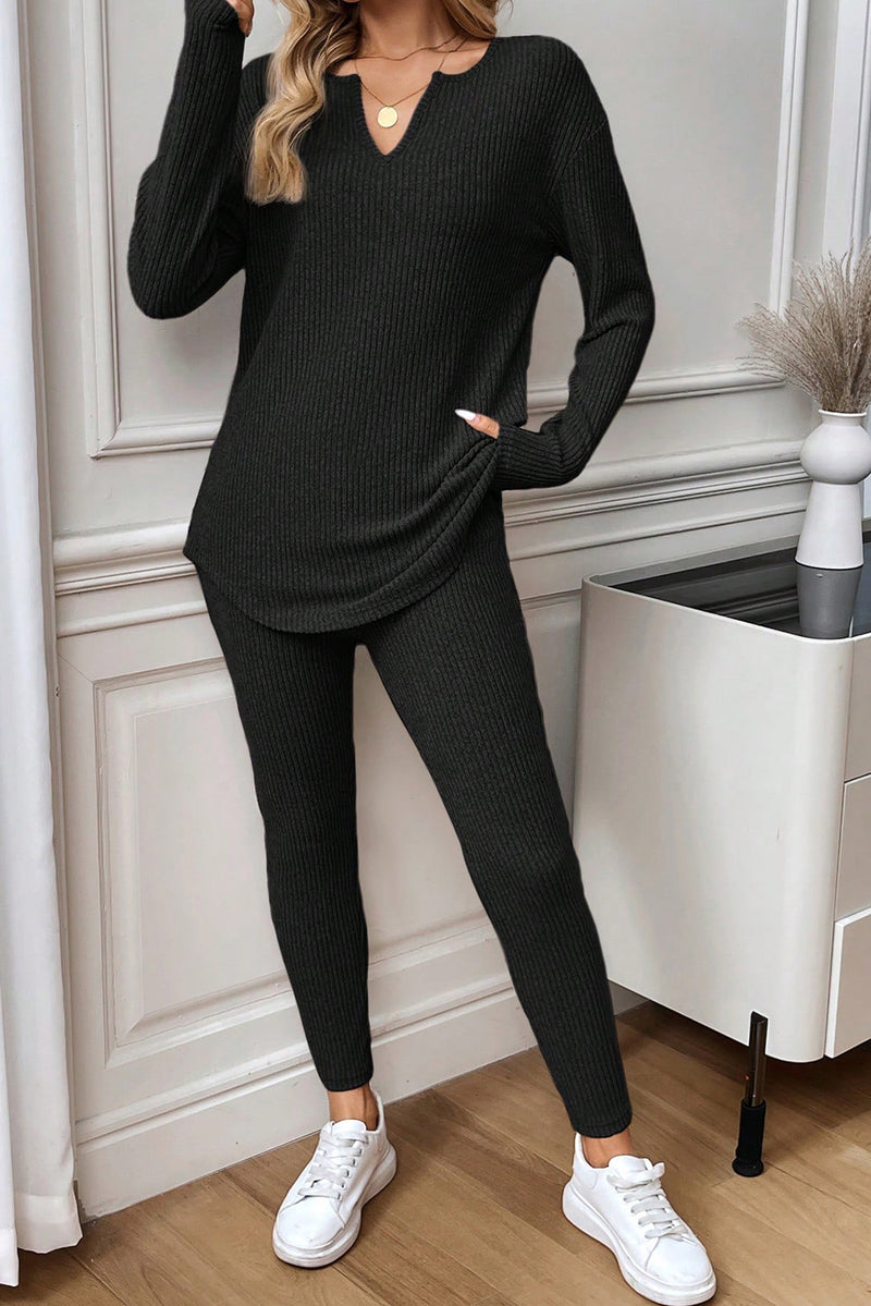 Racing Red Ribbed Notched Neck Knit Long Sleeve Leggings Two Pieces Lounge Set
