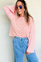 Pink Striped Textured Patchwork Drop Sleeve Top