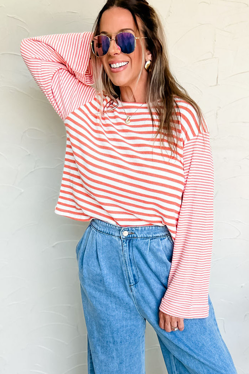 Pink Striped Textured Patchwork Drop Sleeve Top