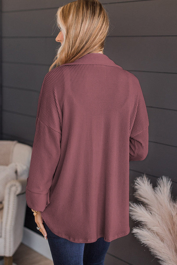 Fiery Red Pink Roll Tab Sleeve Ribbed Cording Shacket