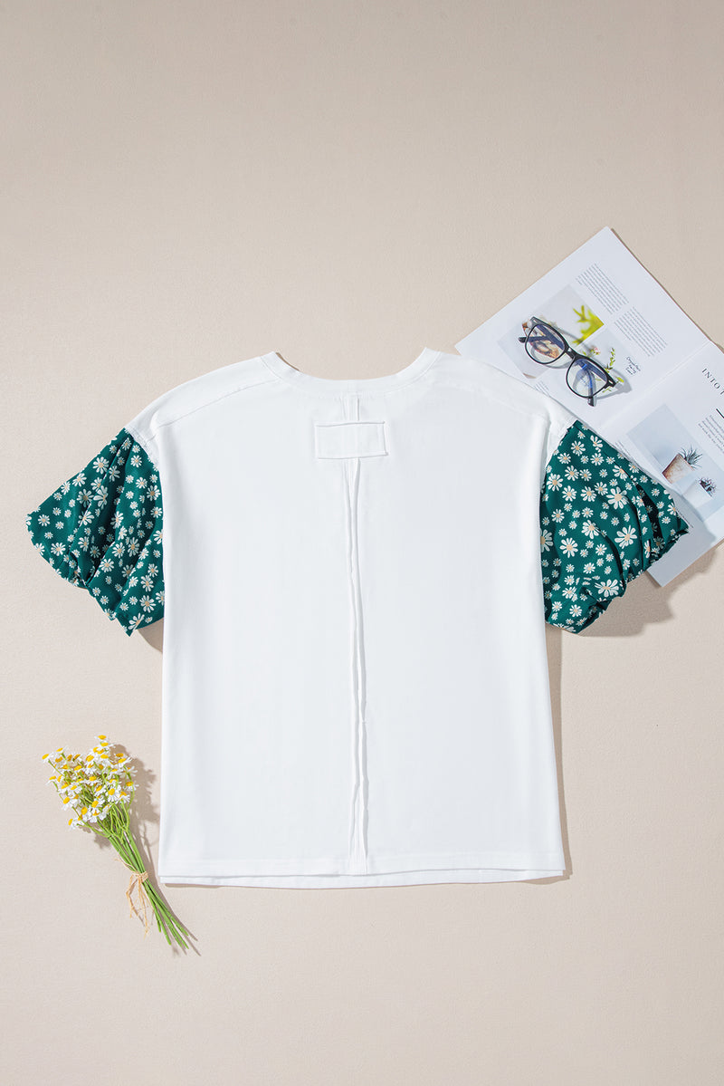 White Daisy Floral Patchwork Drop Sleeve Oversized Top