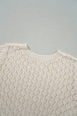 Beige Hollow Out Crochet Short Sleeve Knit Tee
