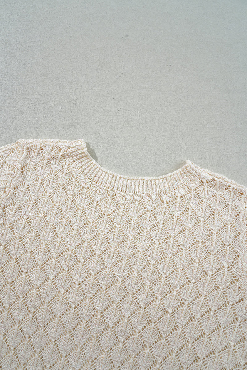 Beige Hollow Out Crochet Short Sleeve Knit Tee