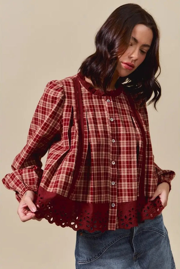 Red Dahlia Plaid Lace Hem Button Down Shirt