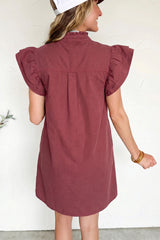 Red Sandalwood Frilled Detail Button Down Ruffle Short Sleeve Denim Mini Dress