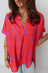 Multicolour Abstract Print V Neck Cuffed Short Sleeve Shift Slit Blouse