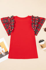 Racing Red  Bow Pattern Sequins Patch Pearled Plaid Ruffle Short Sleeve Patchwork Xmas T Shirt