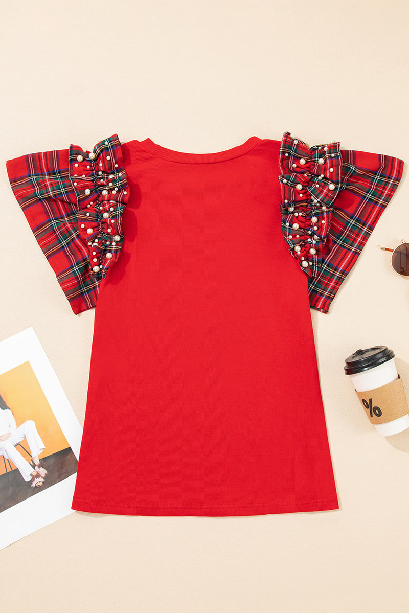Racing Red  Bow Pattern Sequins Patch Pearled Plaid Ruffle Short Sleeve Patchwork Xmas T Shirt