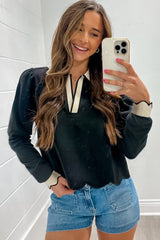 Black Scallop Trim Colorblock Long Sleeve Collared Top