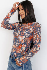 Green Floral Print Mesh Long Sleeve Top