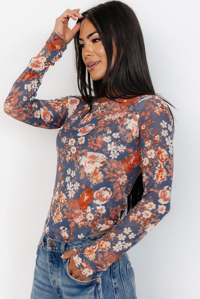 Green Floral Print Mesh Long Sleeve Top
