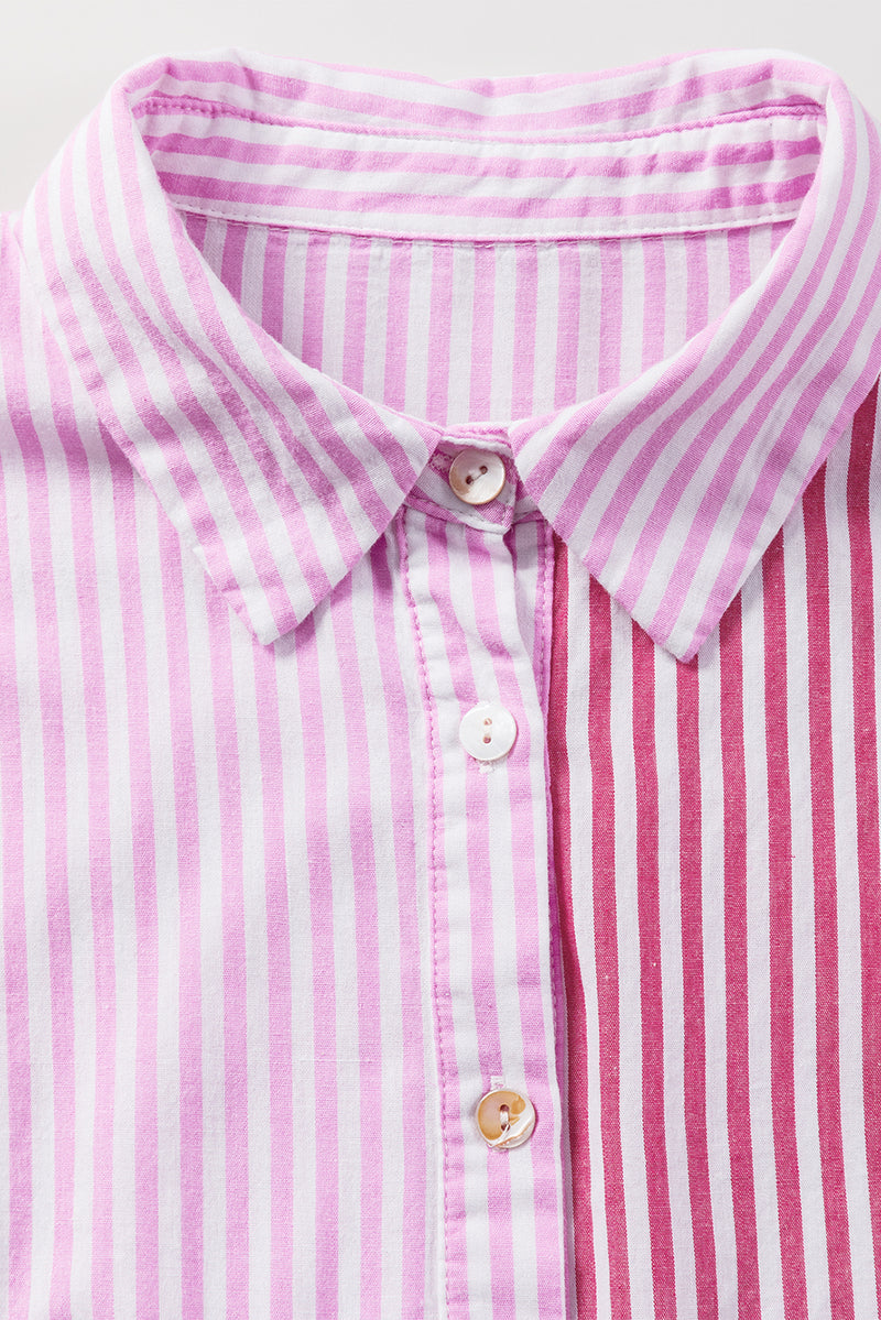 Pink Striped Patchwork Ruffle Button Up Shirt