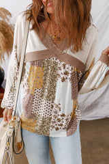 White Floral Print Patchwork Long Sleeve Top