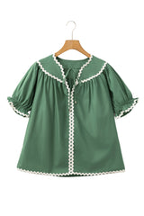 Mist Green V Neck Tie Detail Ricrac Blouse