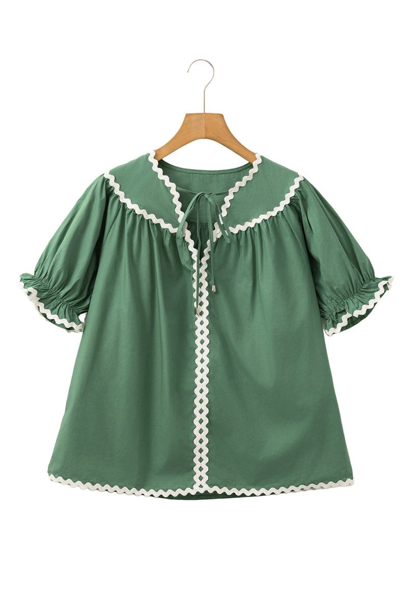 Mist Green V Neck Tie Detail Ricrac Blouse
