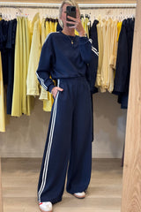 Oatmeal Varsity Striped Detail Cropped Pullover Wide Leg Pants 2pcs Outfit