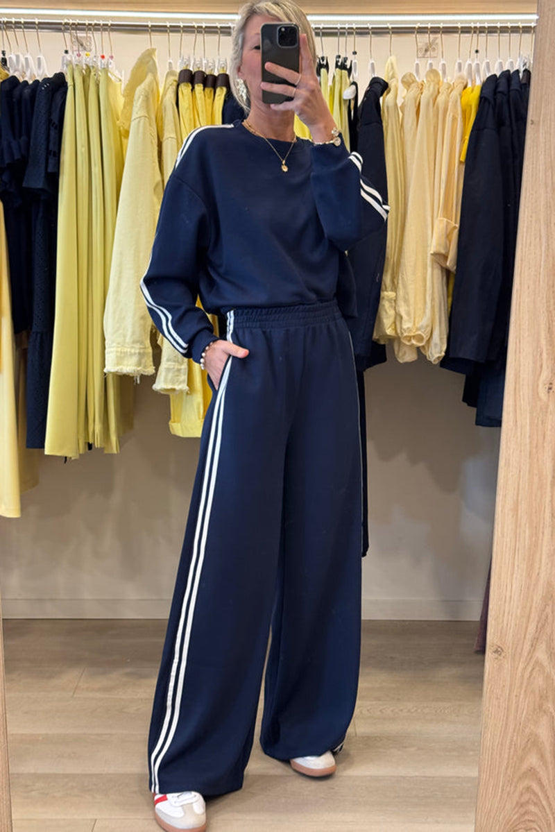 Oatmeal Varsity Striped Detail Cropped Pullover Wide Leg Pants 2pcs Outfit
