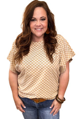 Khaki Checkered Batwing Sleeve Plus Size T Shirt