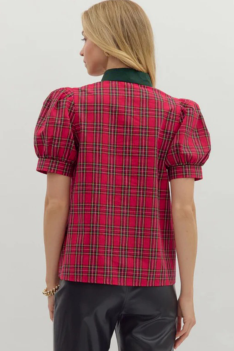 Red Plaid Print Contrast Trim V Neck Short Sleeve Blouse