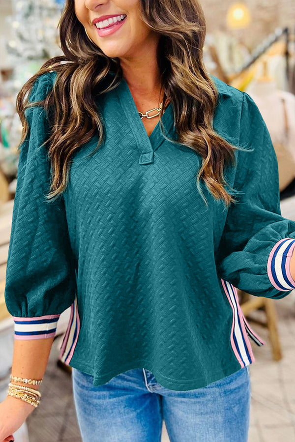 Blackish Green Textured V Neck Colorblock Cuffs Sweatshirt