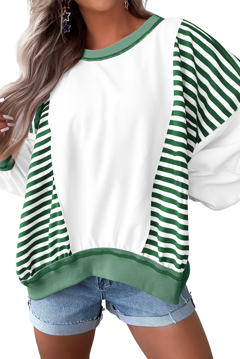 Green Striped Colorblock Patchwork Oversized Sweatshirt