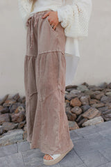 Straw Yellow Mineral Wash Tiered Wide Leg Patchwork Drawstring Pants