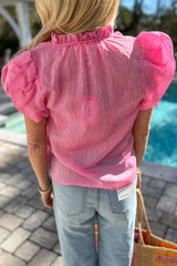 Rose Stripe Short Bubble Sleeve Split V Neck Blouse