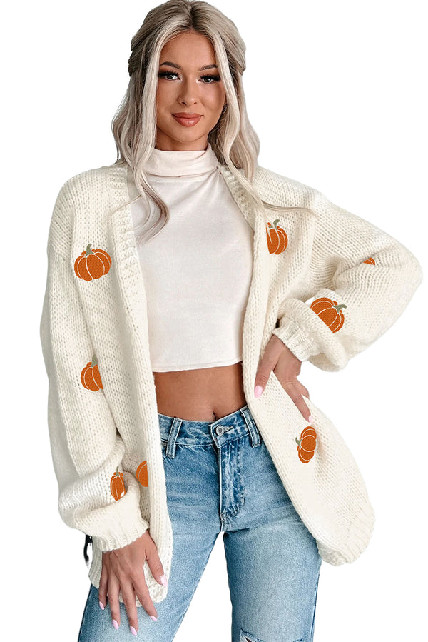 White Pumpkin Print Open Front Drop Shoulder Knit Cardigan